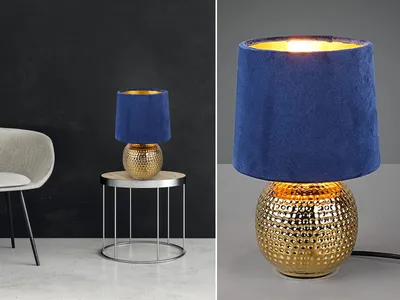 Produktbild von LED Tischleuchte Landhaus Stil Blau/Gold Keramikfuß Samtschirm Nachttischleuchte