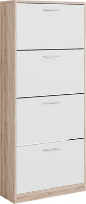 A tall, narrow shoe cabinet with four flip-down drawers, presented against a white background.