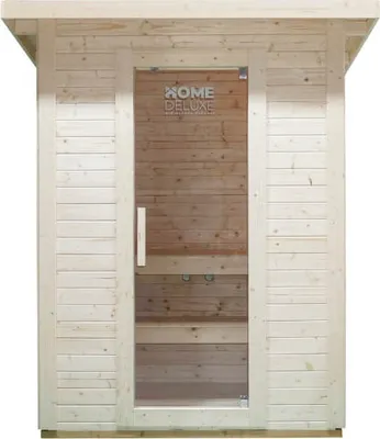 A wooden outdoor sauna with a glass door.