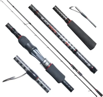 Multiple views of a fishing rod arranged diagonally on a white background.