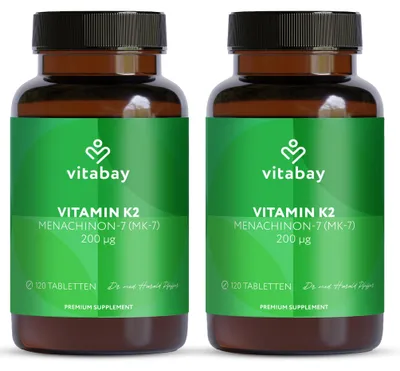 Produktbild von Vitabay Vitamin K2 MK-7 200 µg – 240 vegane Tabletten – Für Knochen & Blutgerinnung – Hochdosiert Vegan MK7 All-Trans Mikroverkapselt – Labor in Deutschland – Vorrat für 8 Monate – 2er Bundle