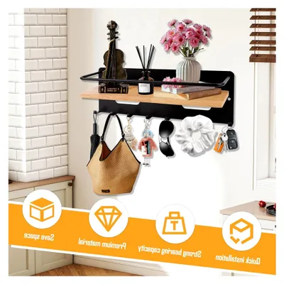 Produktbild von Schlüsselbrett Holz mit Ablage 8 Haken, 3-in-1 Multifunktional Schlüsselregal Holz, Bohrbar Edelstahl Accente Schlüsselhalter Wandmontage, Ideal für Eingang Flur Schlafzimmer Wohnzimmer Einzug