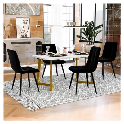 Produktbild von 117 cm Esstisch mit 4 Stühlen Set, Rechteckiger Küchentisch mit schwarzen Samtstühlen und goldenen Tischbeinen