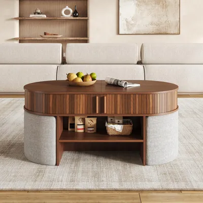 Immagine prodotto di Tavolino da divano MODFU con poggiapiedi coordinati in tessuto, tavolino ovale per il soggiorno con rivestimento a listelli verticali, tavolino laterale con spazio contenitivo, in noce