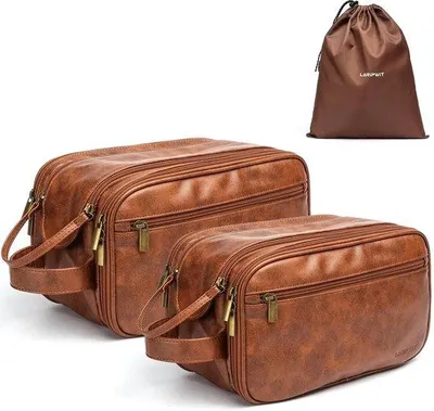 Image de Trousse de toilette de voyage pour homme en similicuir, imperméable, kit double de rangement, trousse de toilette pour la salle de bain, pour articles secs et humides