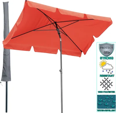 An orange rectangular umbrella is shown open, with a gray umbrella cover standing next to it. A set of icons and text indicating product features is on the right side of the image.