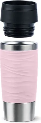A pink insulated mug with a silver base and a black lid, shown separately.