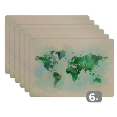 Obrázok produktu pre MuchoWow® Podložky Sada 6 podložiek Umývateľné podložky 30x45x0.3cm Mapa sveta - Akvarel - zelená Podložka pod stôl Nekĺzavá a odolná voči teplu