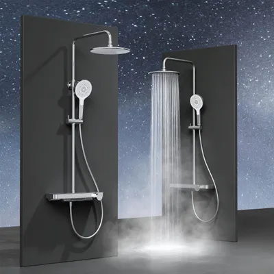 Obrázok produktu pre HOROW RainPure S1 sprchový systém s termostatickou batériou, chrómová dažďová sprcha, výstup pre vodopád, veľká hlavová sprcha, nastaviteľná výška sprchového setu