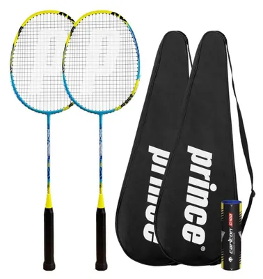Produktbild von Prince Pro Rebel Badmintonschläger Twin Set, Graphit, inkl. Federbälle, Tragetaschen, ideal für Freizeit und Wettkampf.