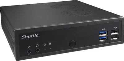 Produktbild von Shuttle XPC slim Barebone DH02U, Intel Celeron 3865U, 4x HDMI 2.0b 1x LAN, 1x COM, incl. VESA, 24/7 Dauerbetrieb, 1,35 l großer PC, Mini-PC Barebone, BGA 1356, DDR4-SDRAM, M.2, SATA, Serial ATA III, 120 W