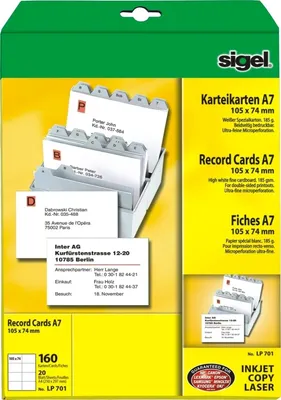 Produktbild von PC-Karteikarten A7 (A4) 185g/qm weiß VE=10x160 Stück
