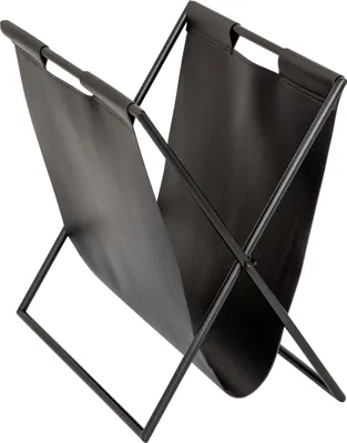 A black magazine rack is shown against a white background.