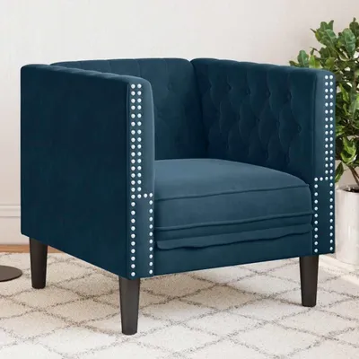 Obrázek produktu pro Modrý Chesterfieldský křeslo z veluru s potahem z hebkého materiálu, klasickým knoflíkovým prošíváním a stabilními nohami