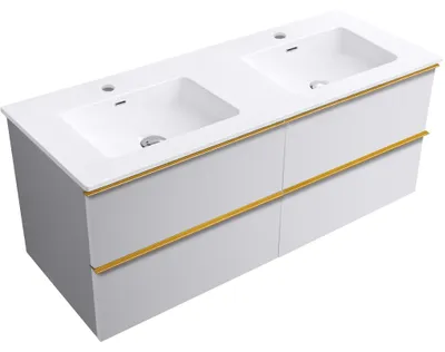 Zdjęcie produktu dla CERANO – Szafka łazienkowa Velora – biała matowa, uchwyt w kolorze złotym + ceramiczna umywalka Novo – biała błyszcząca – 121 x 54,5 x 46,5 cm