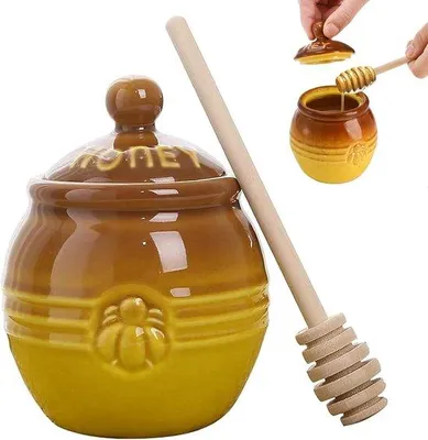 Image de Pot à miel en céramique avec cuillère à miel - 250 ml - Avec couvercle - Idéal pour le miel