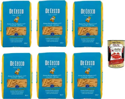 Produktbild von De Cecco Penne Piccole Rigate Nr. 177, Pasta 6 x 500 g, langsames Trocknen, hochwertiges Hartweizengrieß, 12 min kochen (al dente 10), ideal für Saucen & Gratins + Italian Gourmet Polpa 400 g