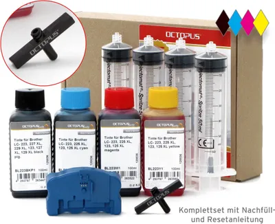 Produktbild von Chipresetter mit 4x100ml Tinte für Brother LC-223, LC-225, LC-227, LC-229 Patronen und 1x BroLuer