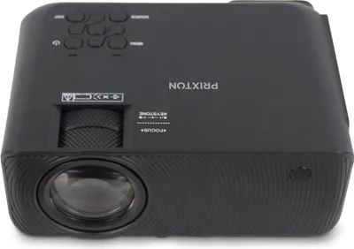 A black PRIXTON projector is shown from a front-facing, slightly elevated angle against a white background.
