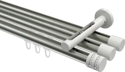 Produktbild von Interdeco Innenlaufstange / Gardinenstange mit Innenlauf Edelstahl-Optik / Weiß, Typ Siteno Estana (Glitzerkappe), 20 mm Ø 3-läufig, 360 cm