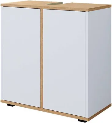 A product shot of a white and wood cabinet with two doors.