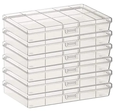 Productafbeelding van Set van 6 transparante opbergboxen van kunststof, geschikt voor kleine kralen, kruiden, pillen en andere accessoires.