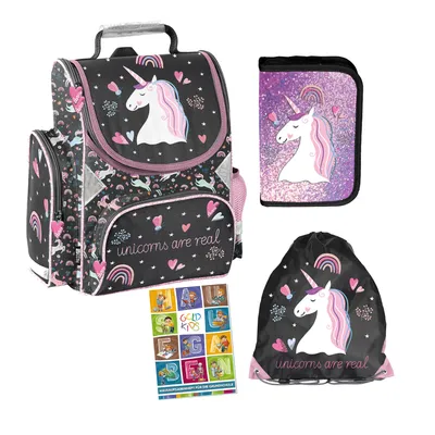 Produktbild von Goldkids -Schulranzen für Jungen und Mädchen, 4er-Set - Schul-Rucksack für Kinder mit Federmäppchen - Schuhbeutel und Hausaufgabenheft - Einhorn Motiv