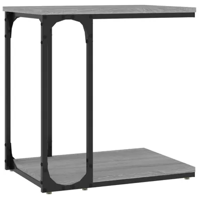 A side view of a gray and black C-shaped side table.