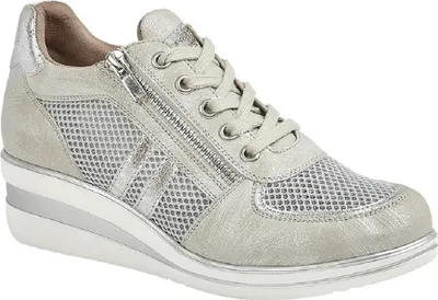A single silver sneaker with a wedge heel is shown against a white background.
