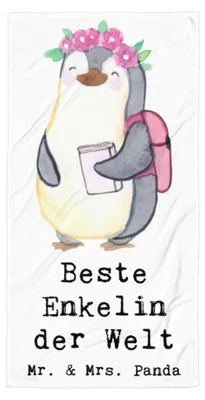 Produktbild von Mr. & Mrs. Panda Handtuch Pinguin Beste Enkelin der Welt - Weiß - Geschenk, Geschenkidee, Großes Badehandtuch, Oma, Strandtuch, Enkelkind, Opa, Duschhandtuch, Duschtuch