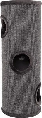 A tall, cylindrical cat scratching tower with multiple openings.