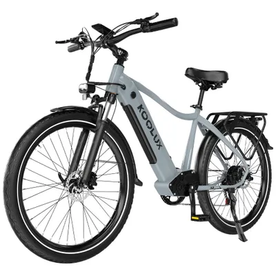 A studio shot of a gray electric bicycle against a white background.