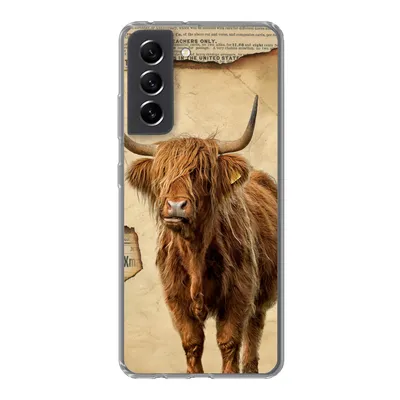 Produktbild von MuchoWow® Handyhülle Schutzhülle Hülle für Samsung Galaxy S21 FE Schottischer Highlander - Retro - Zeitungsartikel Silikon Softcase Handy Hülle - Mobiltelefonhülle