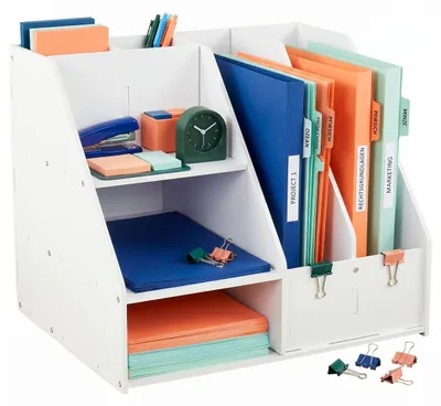 Image de Organisateur de bureau Relaxdays, format DIN A4, 7 compartiments, idéal pour le bureau, le télétravail ou l'école, pour ranger stylos, documents et autres fournitures, de couleur blanche