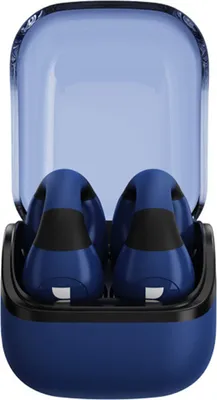 A pair of blue wireless earbuds in their open charging case.