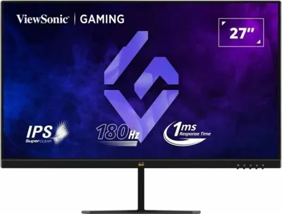 A ViewSonic gaming monitor with marketing graphics and specifications displayed on the screen.