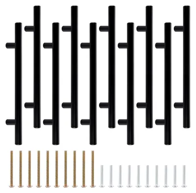 Produktbild von 10 Küchenmöbelgriffe, 200 mm, Schwarz, Edelstahl, T-Griffe, Durchmesser 12 mm, mit Schrauben für Schränke, Kommoden, Türen und Schubladen
