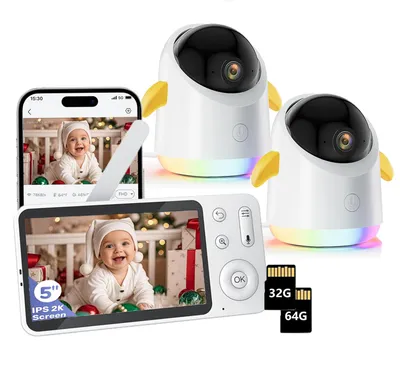 Produktbild von Babyphone mit 2 Kamera und APP 2K/3MP 360° View 5" WLAN Video Babyfone RGB-Nachtsicht Weinen/Bewegungs/Geräusch-Erkennung 4-facher Zoom mit 32G & 64G