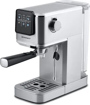A silver and black espresso machine is shown against a white background.