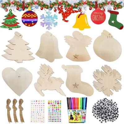Immagine prodotto di Kit per decorazioni natalizie in legno, 80 pezzi, per creare decorazioni fai-da-te, ornamenti per l'albero di Natale e decorazioni per la tavola