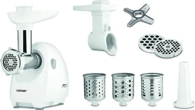 A white meat grinder with various attachments is displayed against a white background.