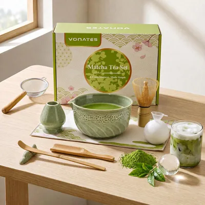Produktbild von VONATES Matcha Set 9-teilig, Matcha-Besen Set mit Keramik Schale mit Ausguss, Sieb & Halter, Matcha Zeremonie Set für Latte, Grün