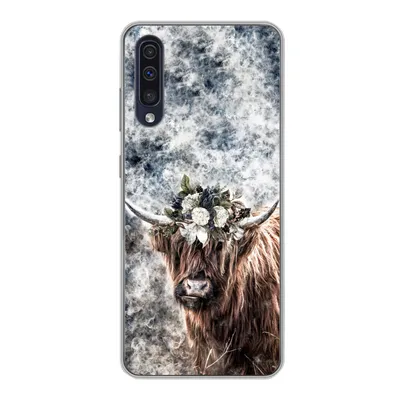 Produktbild von MuchoWow® Handyhülle Schutzhülle Hülle für Samsung Galaxy A30s Schottischer Highlander - Rauch - Blumen Silikon Softcase Handy Hülle - Karteninhaber