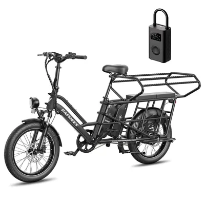 Produktbild von FAFREES FF20 CUV Familien-Longtail E-Cargo-Bike – Modulares E-Bike mit Dual-Akku & 200 kg Traglast Schwarz+Mijia Luftpumpe 2nd+Kindersitze