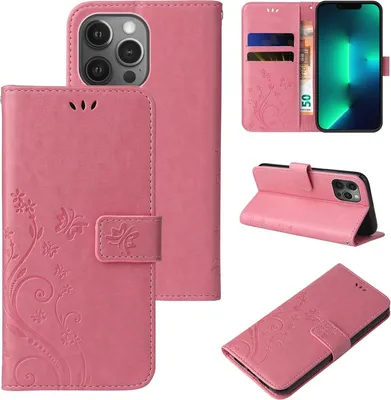 Produktbild von Handyhülle für Apple iPhone 13 Pro Max Floral Blumen Schmetterling Flip Cover Hülle Case Klapphülle Handytasche Farbe: Rosegold