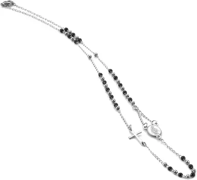 Imagen del producto de Collar de cuentas uni, estilo rosario, con cuentas negras y plateadas, fabricado en acero, ideal para la moda