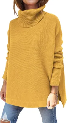 Produktbild von ASKSA Damen Rollkragenpullover Strickpullover Einfarbig Fledermausärmel Pullover, Gelb, M