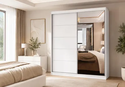 Produktbild von Kleiderschrank SELLA 183x61 cm Schwebetürenschrank mit Spiegel, 2 Türen, Weiß, Spiegelschrank Schlafzimmerschrank