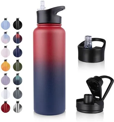 Image de Bouteille isotherme en acier inoxydable - 1,2 L - avec tige à paille, étanche, adaptée aux boissons gazeuses, bouteille isotherme sans BPA (+ 2 couvercles) - Double paroi sous vide pour le sport, les voyages, le camping, l'école, le vélo, la salle de sport