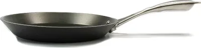 A black frying pan with a silver handle is shown on a white background.